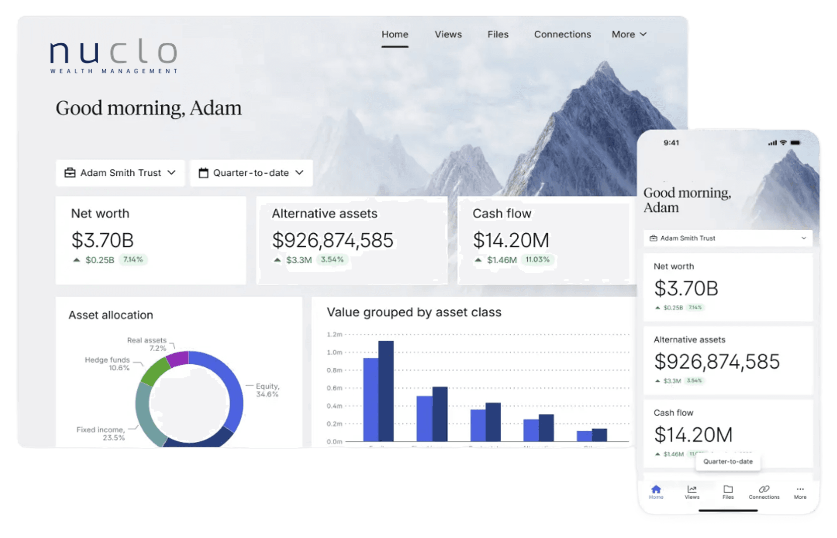 Consolidated wealth reporting dashboard on a tablet