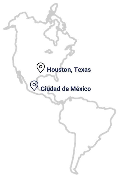 Mapa con las oficinas de Nuclo Wealth en Houston, Texas y Ciudad de México